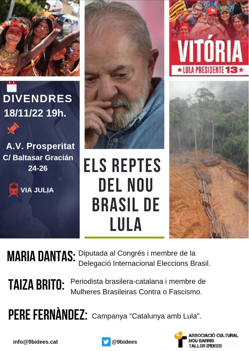 Possar fi a la violència feixista del bolsonarisme, sens dubte, un d' 
"Els reptes del Nou Brasil de Lula"

Aquest divendres, ho analitzem a 
<a href="/prosperistan/">Associació Veïnal de Prosperitat-Nou Barris</a> #NouBarris #9Barris

Amb
<a href="/_Maria_Dantas_/">✳️ Maria Dantas (@mariadantas.bsky.social)</a>
<a href="/TaizaBritoPE/">Taíza Brito</a> 
<a href="/perenoubarris/">PERE Nou Barris</a> 

<a href="/MST_Oficial/">MST Oficial</a>
x.com/MST_Oficial/st…

<a href="/CatAmbLula/">Catalunya amb Lula</a>