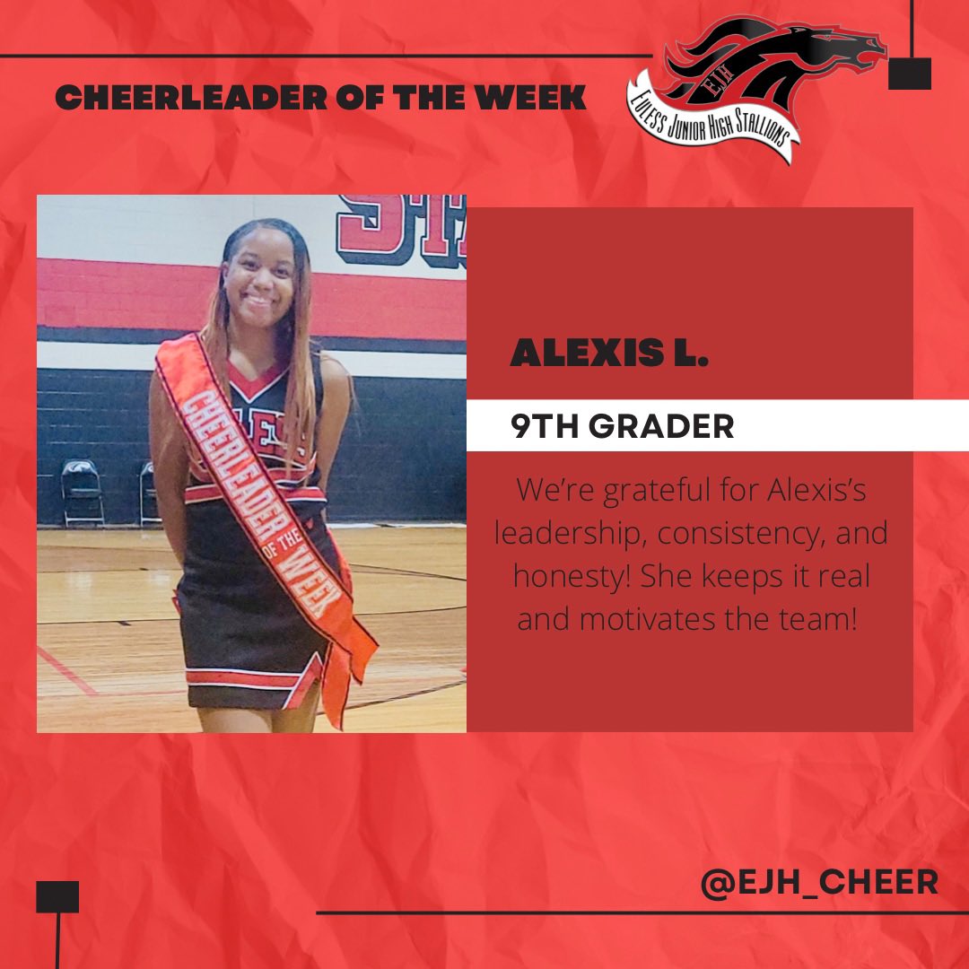 EulessCheer's tweet photo. Cheerleader of the Week goes to Alexis!!! ❤️🖤 #EJHStallionStrong https://t.co/YiqczKR62G