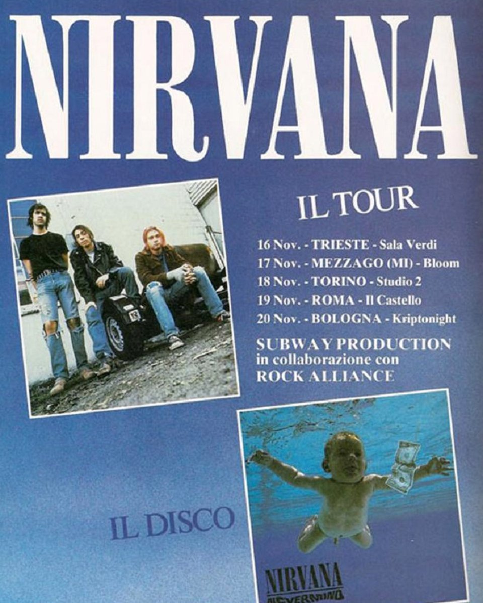rockonitalia's tweet photo. Il 16 Novembre 1991 i Nirvana arrivano in Italia per 4 concerti a Muggia (Trieste), Mezzago (Milano), Roma e Baricella (Bologna) #nirvana #rockonstory https://t.co/CLIeL652th