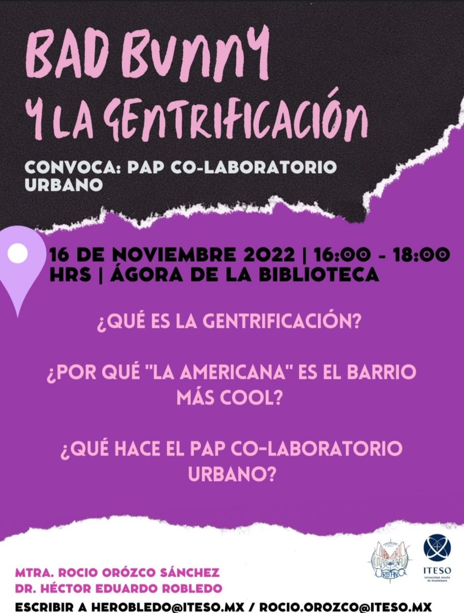Hoy MIÉRCOLES a las 4PM en <a href="/BibliotecaIteso/">Biblioteca Iteso</a> (ágora, 3er nivel) #Gentrificación #ColaboratorioUrbano #PAP  
 <a href="/ITESO/">ITESO</a>