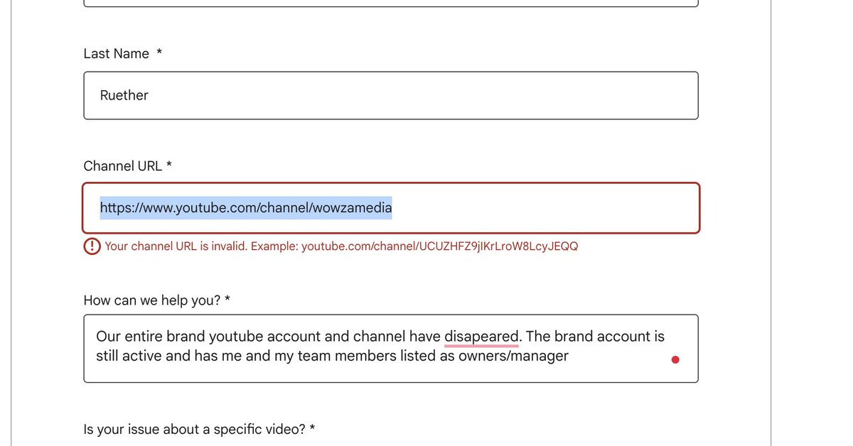 TraciRuether's tweet photo. @TeamYouTube Our entire brand youtube account and channel have disappeared. The brand account is still active and has me and my team members listed as owners/managers. I can't submit a Help form because you're telling me that the channel URL is invalid. Which is the issue. https://t.co/ADdD6tWXoA
