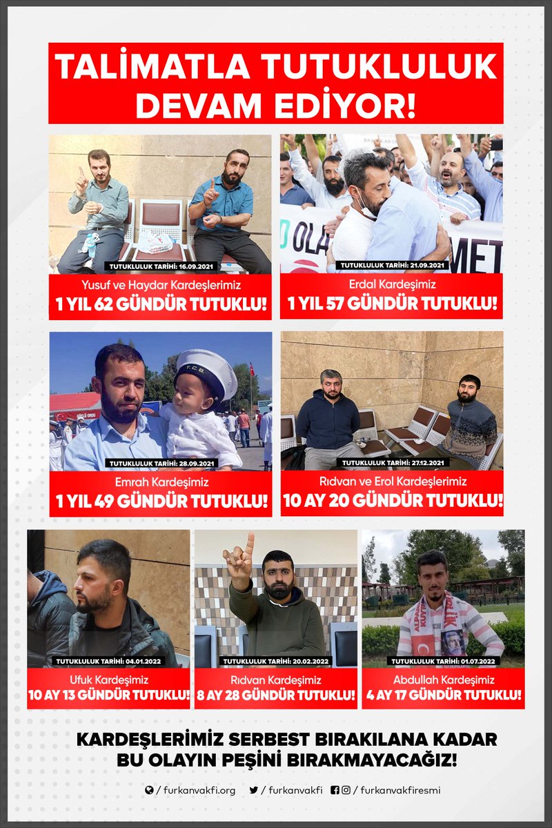 9 Furkan Hareketi Mensubunun Haksız Tutuklulukları Devam Ediyor!

Hocamız ve tüm kardeşlerimiz serbest bırakılana kadar bu zulmü duyurmaya ve tahliyeleri için mücadele etmeye devam edeceğiz.

#YargıEliyleZulüm 
#FurkanaSistematikZulüm