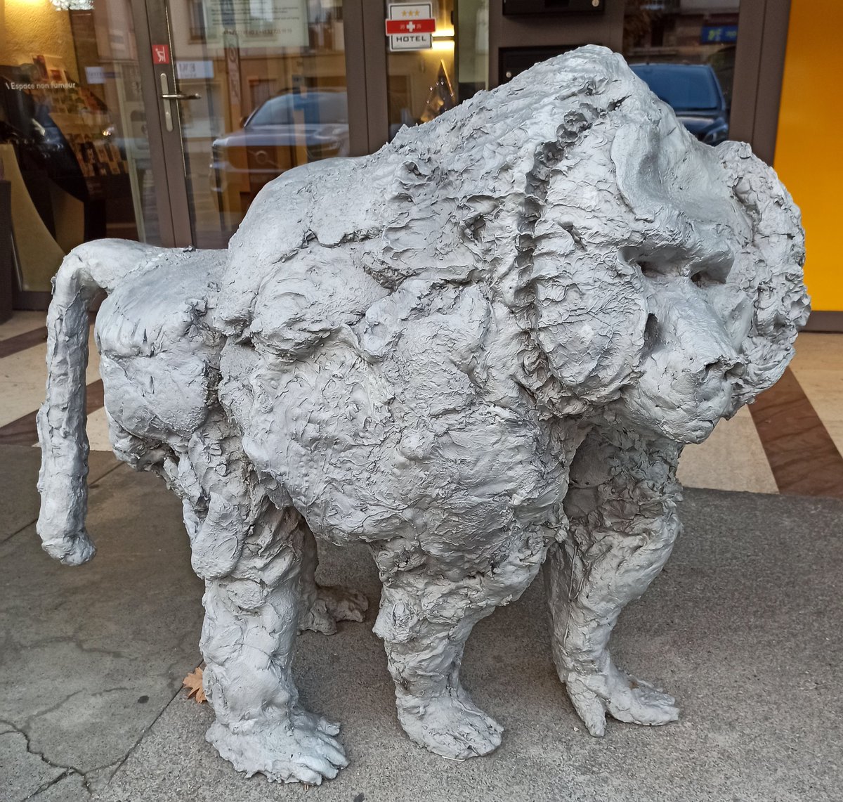 Sahelanthrope's tweet photo. The guardian of my hotel in #Neuchâtel (a town with some impressive views) is a #hamadryas. Giving a talk tomorrow to the seminar of Cognitive Sciences @UniNeuchatel about stone tools as proxies for language origins. Thanks to @stivits for the invitation! https://t.co/nTGDphBheR
