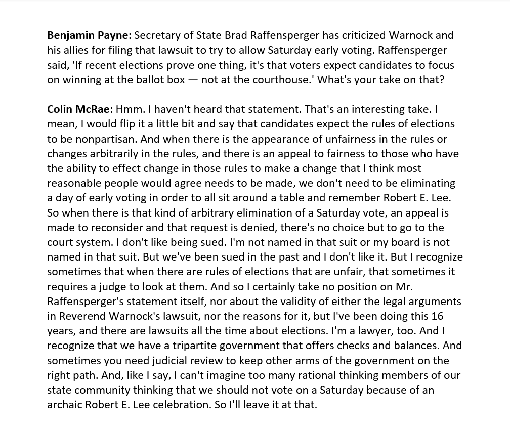 Benjamin Payne (@benjaminpayne) on Twitter photo At a press conference today in Savannah, Chatham County Board of Registrars Chairman Colin McRae criticized the state for not allowing Saturday early voting in the Senate runoff between <a href="/ReverendWarnock/">Reverend Raphael Warnock</a> and <a href="/HerschelWalker/">Herschel Walker</a>. #gapol #gasen
My question for McRae about <a href="/GaSecofState/">GA Secretary of State Brad Raffensperger</a>: At a press conference today in Savannah, Chatham County Board of Registrars Chairman Colin McRae criticized the state for not allowing Saturday early voting in the Senate runoff between <a href="/ReverendWarnock/">Reverend Raphael Warnock</a> and <a href="/HerschelWalker/">Herschel Walker</a>. #gapol #gasen
My question for McRae about <a href="/GaSecofState/">GA Secretary of State Brad Raffensperger</a>: