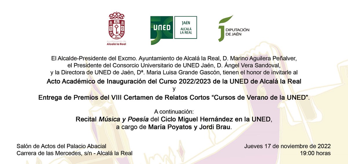 alcala_lareal's tweet photo. UNED | Mañana se inaugura en Palacio Abacial el curso académico de la @UnedJaen en #AlcalálaReal con la entrega de premios del VIII Certamen de Relatos Cortos 'Cursos de Verano' y un recital de música y poesía del ciclo 'Miguel Hernández en la UNED' con María Poyatos y Jordi Brau https://t.co/hw1sG2QZjQ