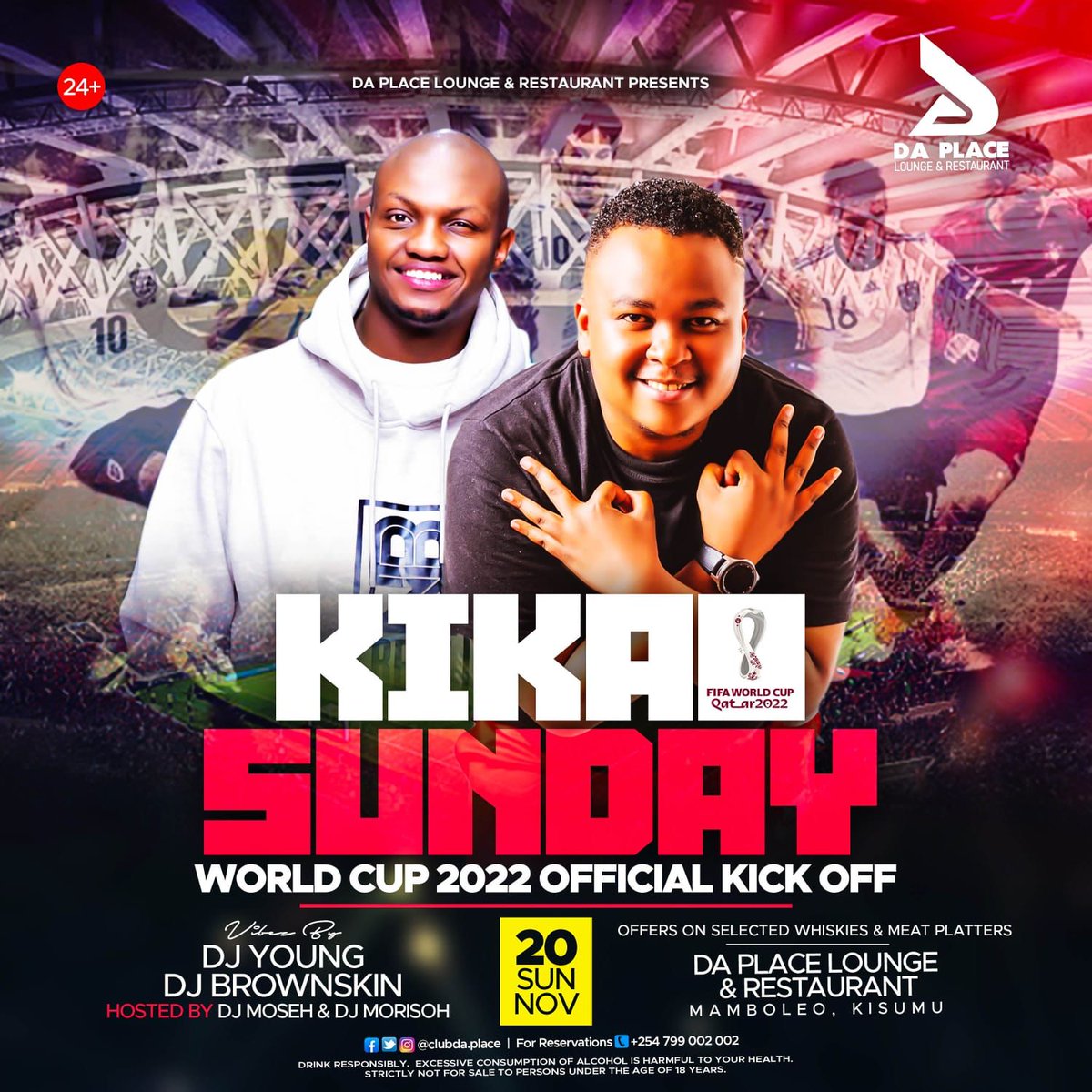 Reposted from @clubda.place #KISUMU OFFICIAL WORLD CUP KICK OFF PARTY This Sunday with DJ YOUNG & DJ BROWNSKIN 🔥🔥 Catch all the action Live from our football arena with plenty offers throughout 💯💯 #worldcup2022 #kickoff #party #EnjoymentHeadquarters #BeThere