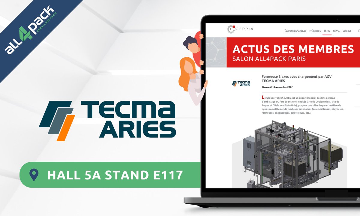GEPPIA's tweet photo. [💬 ACTUS ALL4PACK] TECMA ARIES, membre du GEPPIA, sera présent Hall 5A E117 à @ALL4PACK  Emballage Paris du 21 au 24 novembre !
Découvrez à l'occasion leur dernière actualité : la formeuse 3 axes avec chargement par AGV...

#ALL4PACK #GEPPIA #TecmaAries #formeuse #emballage https://t.co/BkfTrcCjG4