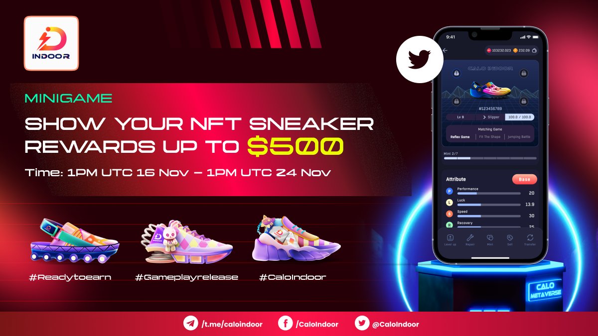 MINIGAME
💸10 luckiest users get 50$/user
⚡️Take an NFT photo and post it on Twitter:
"I'm ready to join gameplay of Calo Indoor on 17 Nov. Let's Burn to Earn! #CaloIndoor #Readytoearn #Gameplayrelease"
Then take a photo of the post and comment on t.me/caloindoor/358