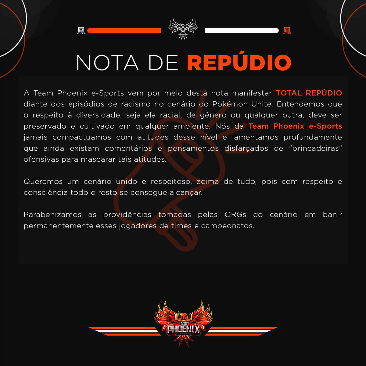 Nosso time não poderia deixar de manifestar repúdio a infelicidade dos comentários que ocorreram no cenário recentemente.
Esperamos que episódios como esse não se repitam!

#GoTeamPhoenix
#GoPhoenix
#RacismoNão
#RespeitoAoPróximo
#RespeitemADiversidade