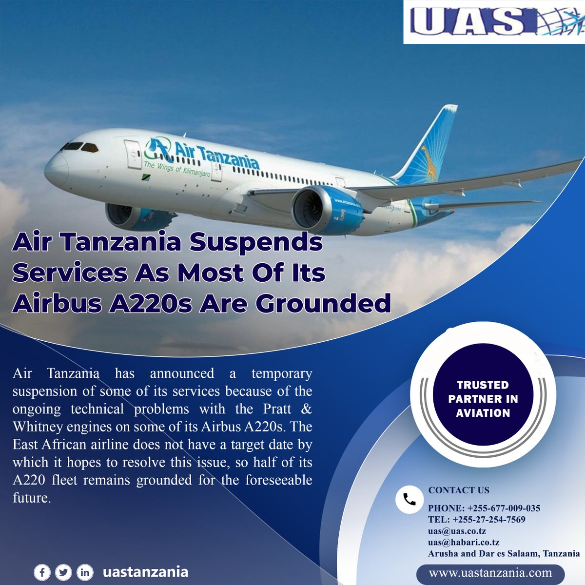 UStanzania's tweet photo. Mr. Matindi told The Citizen the impact was there, but it was not significant because the affected aircraft were only used sparingly on domestic flights, which account for the bulk of the airline’s operations. https://t.co/aUOawHUbOb