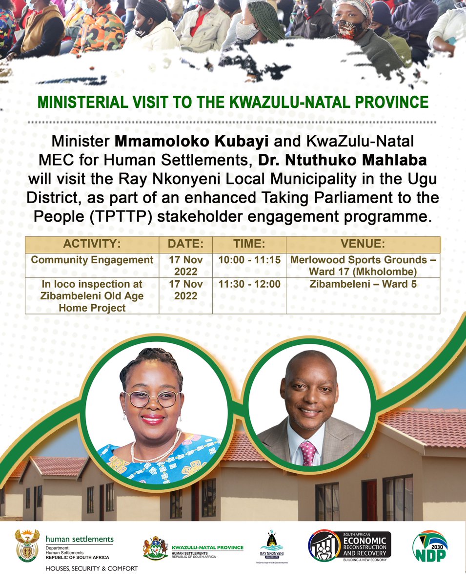 The_DHS's tweet photo. MEDIA ADVISORY
16 November 2022
HUMAN SETTLEMENTS TO ENGAGE THE COMMUNITY OF UMKHOLOMBE IN KWAZULU-NATAL
Advisory: https://t.co/GftKMRqNzG
#HousingTheNation #TPTTP https://t.co/84YiWAdnmf