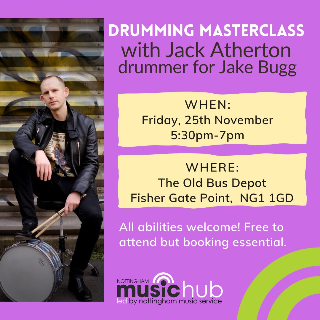 Don't miss out this AMAZING free opportunity with Jake Bugg's drummer! Sign up for the masterclass on 25th November - form available on our website: bit.ly/3C6A7Xz
