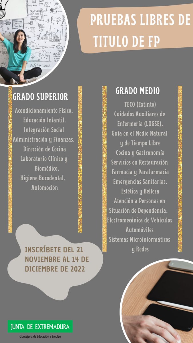 educacionEXT's tweet photo. 🔛 Convocadas las pruebas para obtener los títulos 🎓 de Técnico y Técnico Superior de #FP para personas adultas

📝 Inscripciones: del 21 de noviembre al 14 de diciembre

✅ Pruebas: del 24 de abril al 12 de mayo de 2023

🗞️ https://t.co/AdfrJKc80m https://t.co/SJC983cTNk