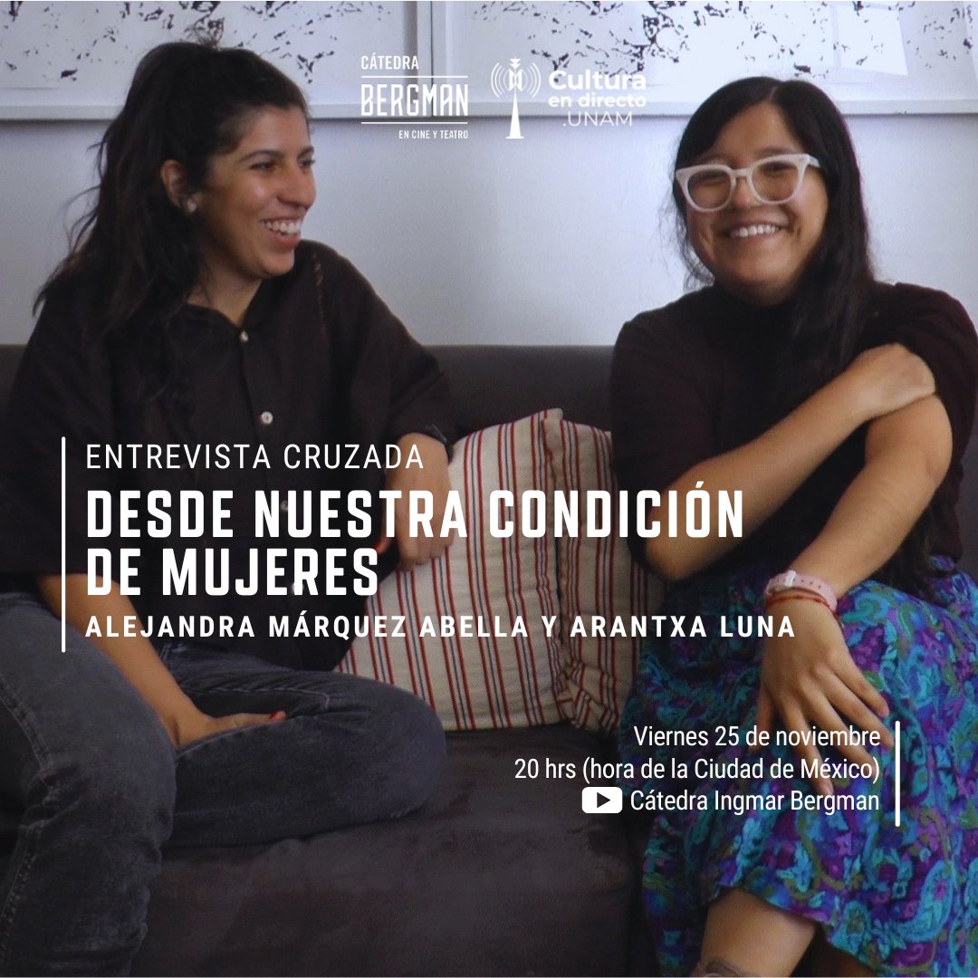 Cuestionando el desgaste de la conversación que excluye y subraya la otredad, <a href="/marquezabella/">Alejandra Márquez Abella</a> y <a href="/__arancho/">Arantxa</a>, revisan otros caminos para las mujeres en el cine mexicano.

📍25 nov | 20 hrs 

+Info: bit.ly/3Eexxje

En colaboración con #CulturaEnDirecto, en el marco del #25N.