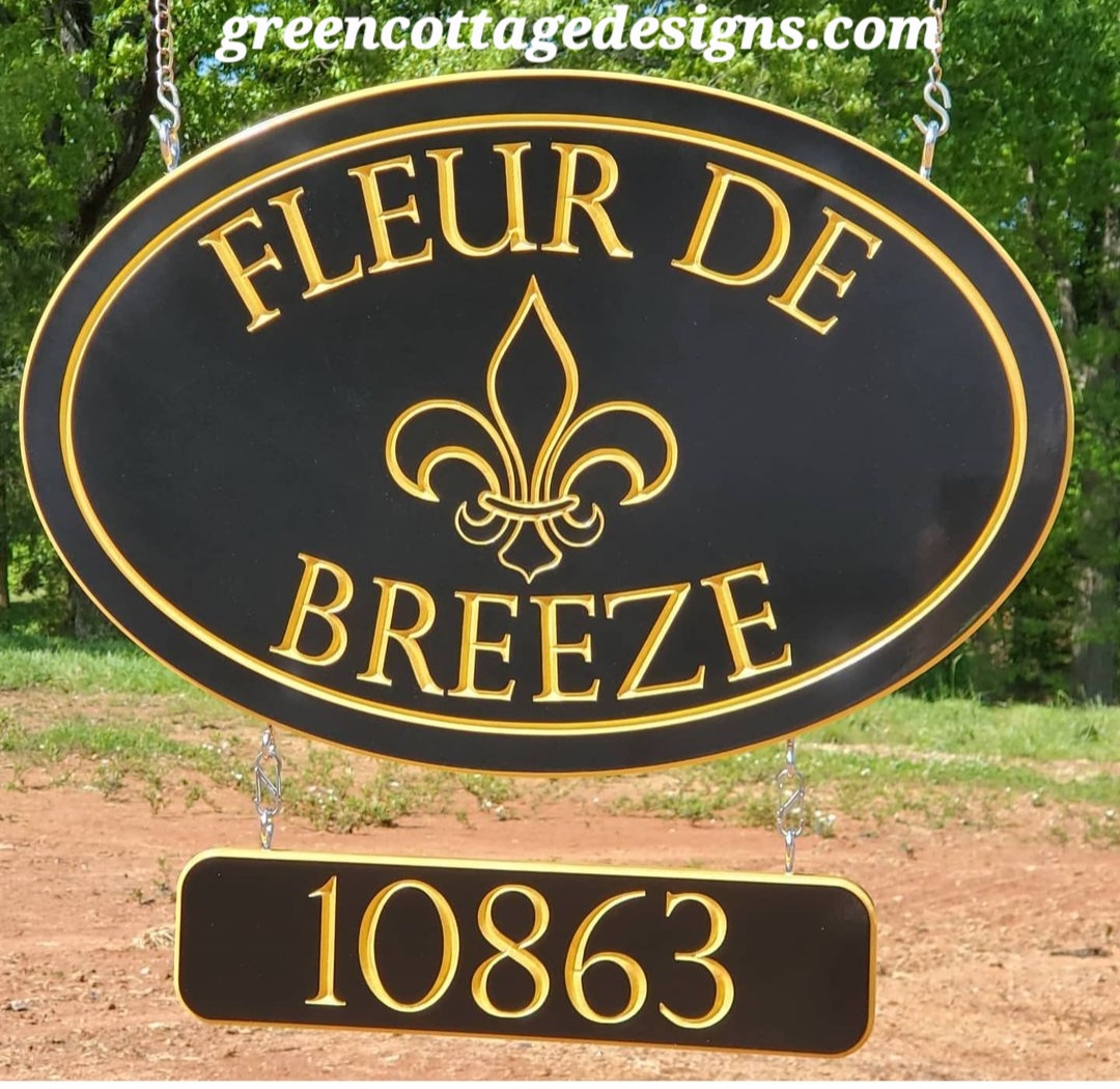 cottage_green's tweet photo. Fleur de Lis Custom Address Sign by https://t.co/mxWEx0ly9j Hanging & Mounting Signs Computer Previews/Mockups #FleurdeLis #Louisiana #NewOrleansSaints #PVCSign #estatesign https://t.co/AWTcwA5JVL
