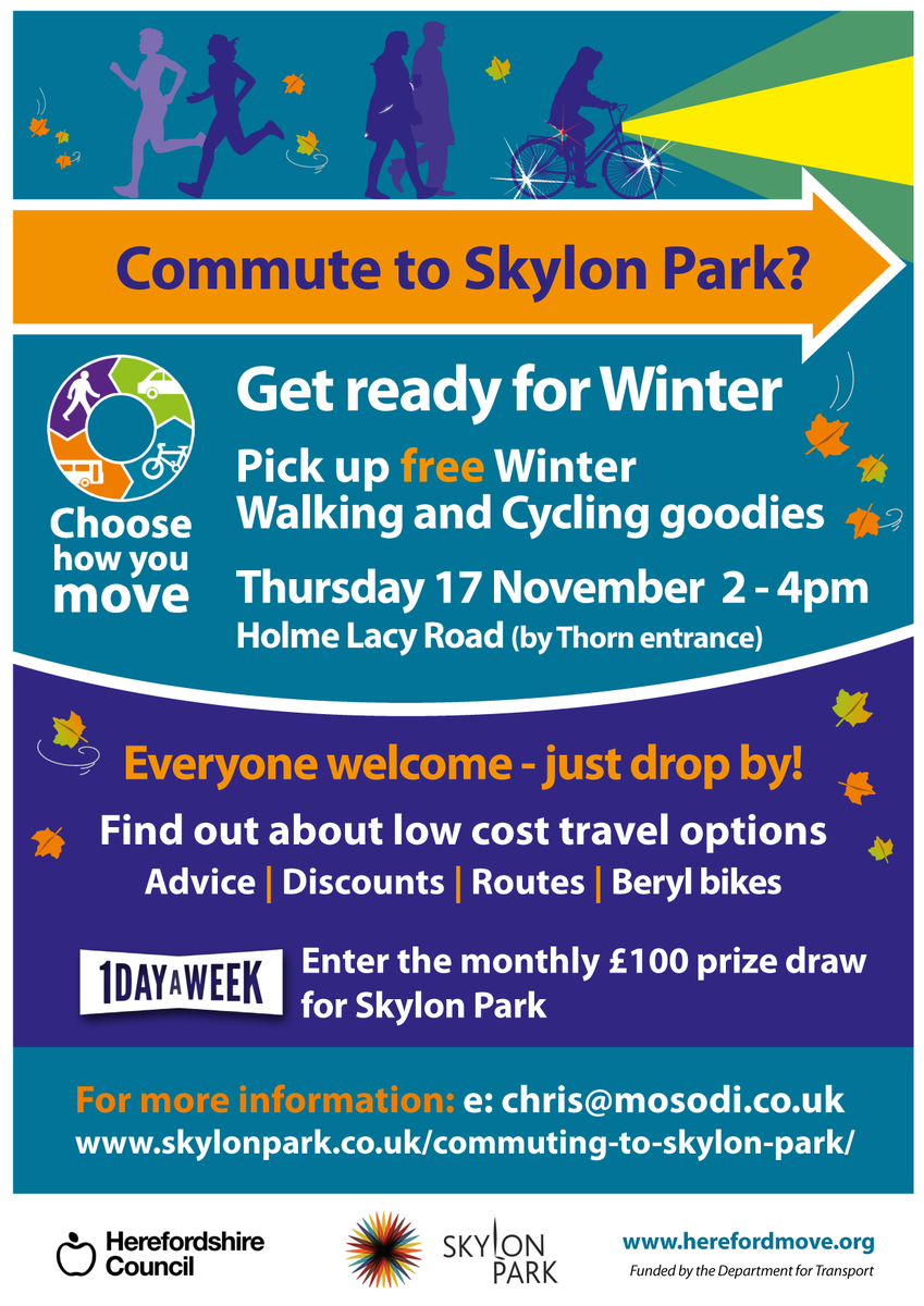 HerefordEZ's tweet photo. Skylon Park will be hosting a Winter Commuting Staff Event on Thursday 17 November 2pm - 4pm on Holme Lacy Road at the entrance to the Thorn Estate.
Employees will be given advice on everything running, walking, and cycling to work!
👉 https://t.co/Ae5poh3ZgW
#TraveltoWork https://t.co/p55IaPkeqJ