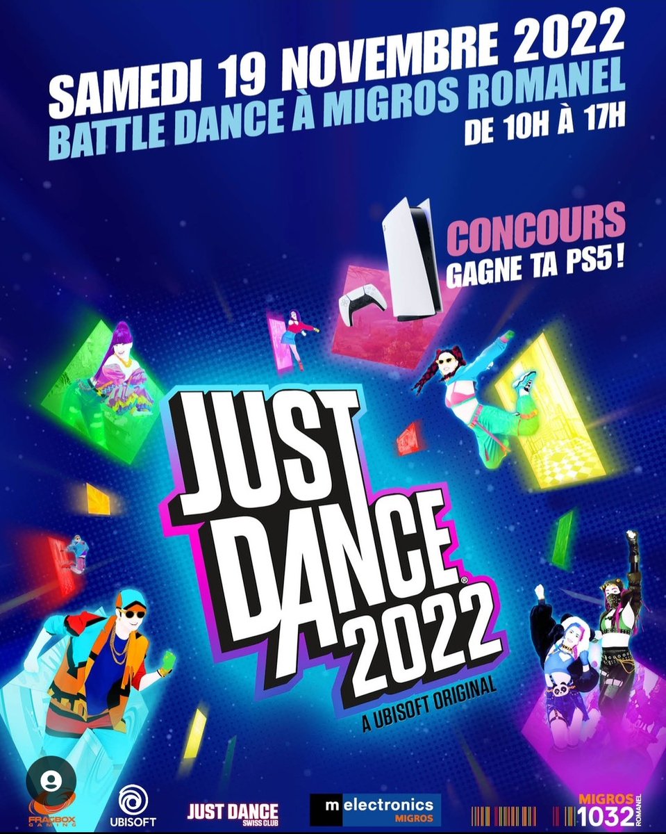 Fragboxgaming's tweet photo. #Event 🎉

C'est bien connu, le samedi c'est dance party 🎶🕺💃

On espère te voir enflammer la Migros de Romanel 🇨🇭 avec @jdscofficial et @melOnlineShop sur #JustDance22 🔥🔥

📅 le 19/11 de 10h à 17h 
🥇PS5 
📜 Concours ouvert à tous !

🙏 @Ubisoft &amp; @JustDanceFR

#WeAreOneFBX https://t.co/M4SnPpExfp