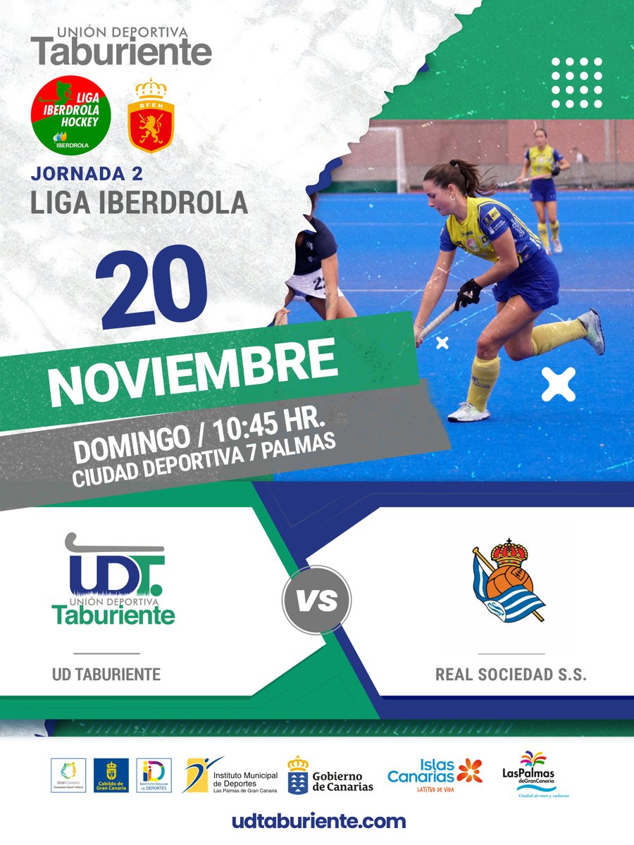 📺 Síguelo en directo: bit.ly/J2-Tabu-RealSo…

🏆 Jornada 2 #LigaIberdrolaHockey 

U.D. Taburiente 🆚 <a href="/RSHockeyFemenin/">Real Sociedad Hockey Femenino</a>

📆 Domingo 20 noviembre
⌚️ 10:45 hora insular canaria

#VamosTabu #GCIslaEuropeadelDeporte #grancanaria #GranDestino #MuchoPorVivir #islascanariaslatituddevida