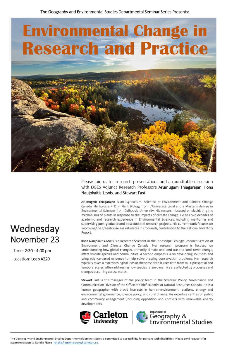 CarletonDGES's tweet photo. Please join us Wednesday November 23rd for research presentations and a roundtable discussion with DGES Adjunct Research Professors Arumugam Thiagarajan, Ilona Naujokaitis-Lewis, and Stewart Fast

https://t.co/OH1XoMgJHb

@CU_FASS https://t.co/73ATfToe5m
