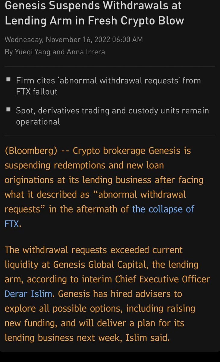 BREAKING:

Genesis halts withdrawals. 

The parent company of Grayscale is the single largest holder of #Bitcoin, holding $11,000,000,000. 

More information will follow but this is NOT good.