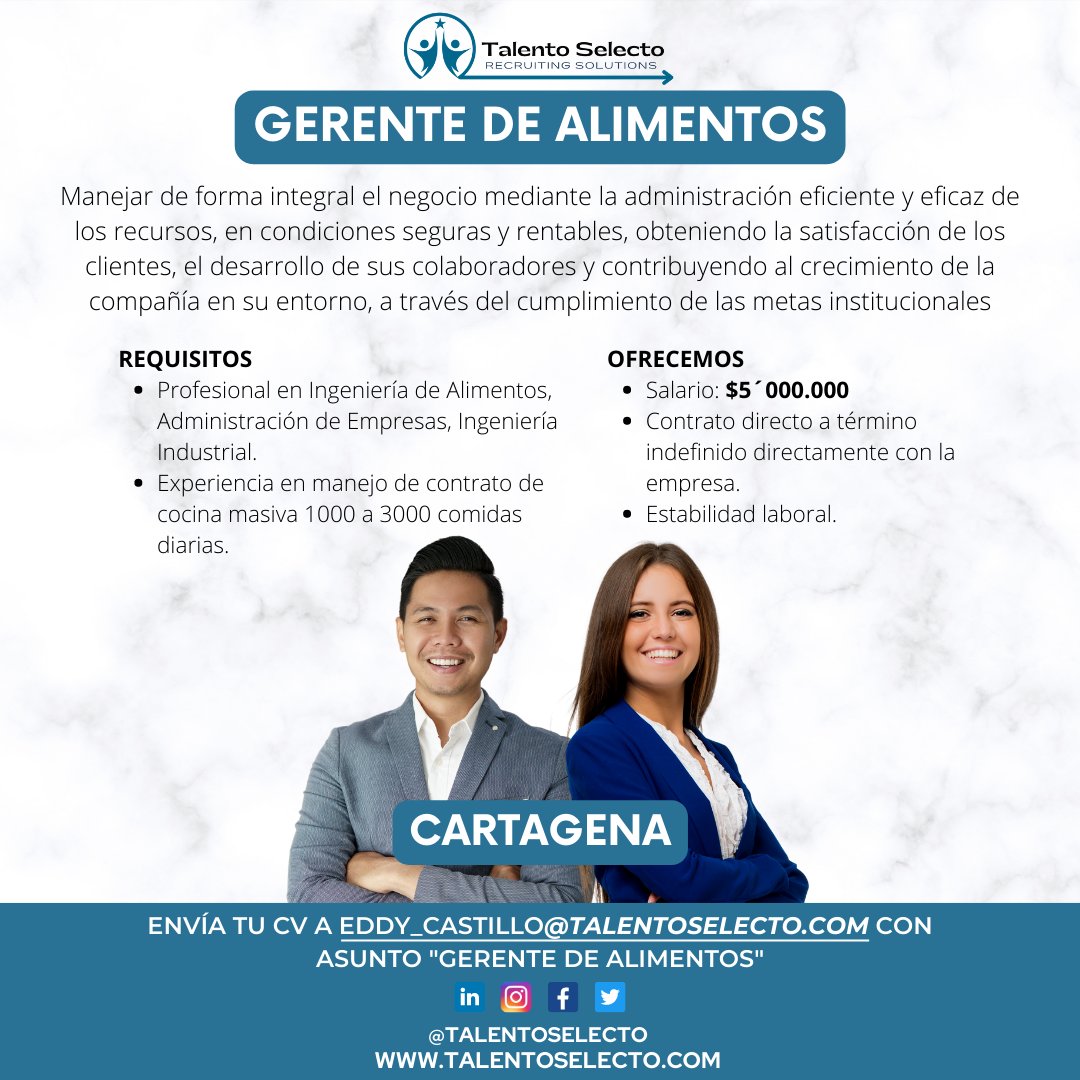 TalentoSelecto's tweet photo. 🤩¡Trabajamos constantemente para nuestra comunidad! Es por eso que hoy te traemos esta gran oportunidad laboral🎉#cartagena #empleosihay #trabajosihay #gerente #gerentedealimentosybebidas #gerentedealimentos #gerencia #oportunidad #empresa #talentoselecto https://t.co/qMsobeRnIG