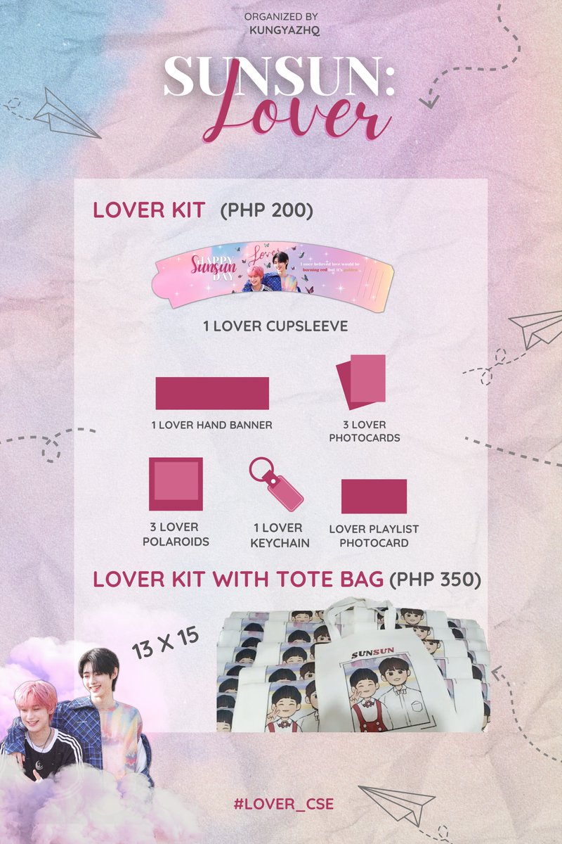 ☁️LOVER KIT BATCH 2☁️

• Kit only - Php 200
• With tote bag - Php 350
• Tote bag only - Php 150

DOO - November 23
DOP - November 24

*All profit will be used for Sunsun fanprojects.
* We will push through when we reach more than 50 orders. 

Forms: forms.gle/fWBQU6HPhGZzyj…