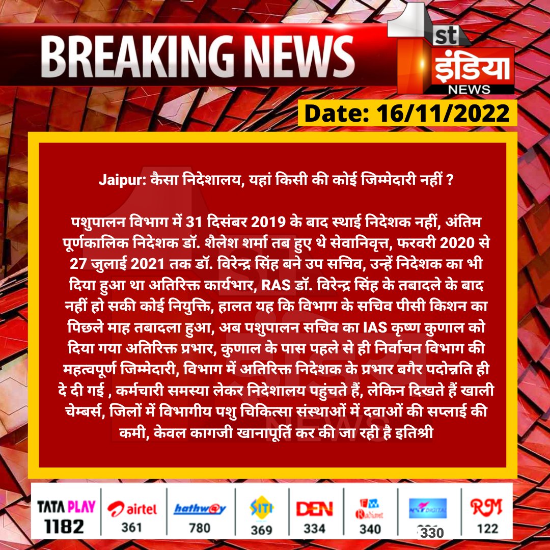 #Jaipur: कैसा निदेशालय, यहां किसी की कोई जिम्मेदारी नहीं ?

पशुपालन विभाग में 31 दिसंबर 2019 के बाद स्थाई निदेशक नहीं, अंतिम पूर्णकालिक निदेशक डॉ. शैलेश शर्मा तब हुए थे सेवानिवृत्त...

<a href="/KatariaLalchand/">Lalchand Kataria</a> <a href="/RajGovOfficial/">Government of Rajasthan</a> <a href="/kashiram_journo/">Kashiram Choudhary</a>