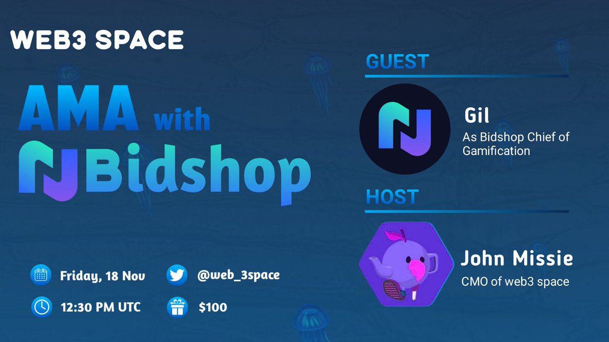 We’re excited to announce that we’ll be hosting an AMA with <a href="/BIDSHOP_io/">BIDSHOP</a>

🗓️ Date: NOV 18th at 12:30PM UTC
📍 Venue: x.com/i/spaces/1YpJk…
AMA type: Twitter Space 🎙️
💰💰BiG Prizes : 100 USDT

  How to win prizes ⤵️
➡️ Follow <a href="/Web_3space/">WEB3 Space</a> 
➡️ Ask questions in the space &amp; Comments