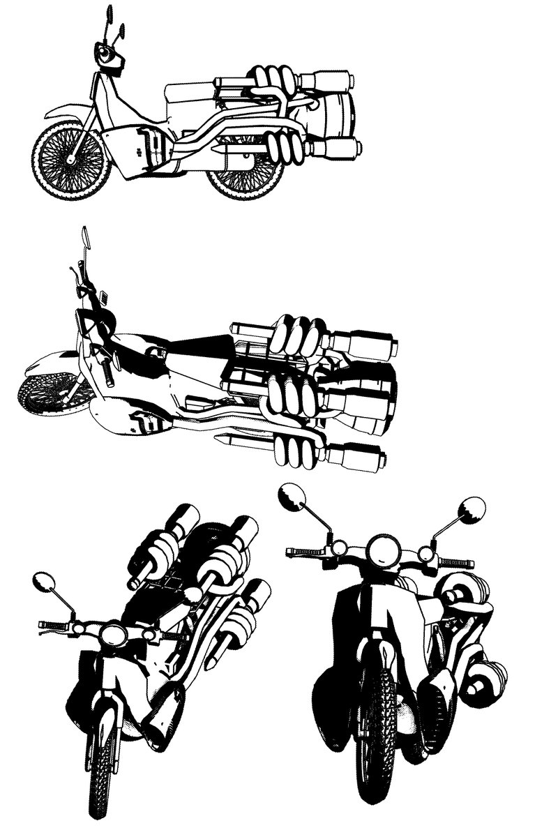 「原付(原子力エンジン付き自転車)
スーパーカク(核)」
ダジャレ一発勝負のメカです。こういうアイコニックなメカをいろんな角度から正確に描画できるのは3Dの強みだと思います。
#blender
#漫画
#イラスト
#バイク 