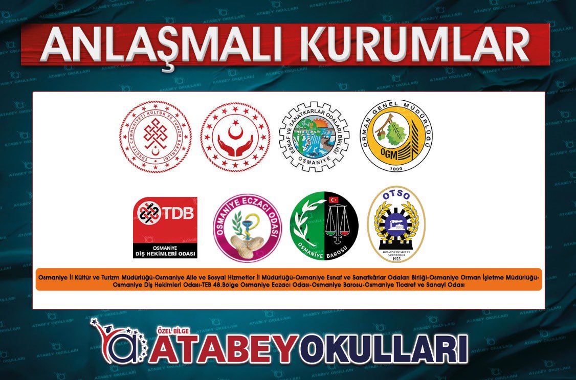 AtabeyOkullari's tweet photo. Özel Bilge Atabey Okulları ile  Eczacı Odası, Aile ve Sosyal Hizmetler İl Müdürlüğü, Ticaret ve Sanayi Odası, Esnaf ve Sanatkârlar Odaları Birliği, Diş Hekimleri Odası, İl Kültür ve Turizm Müdürlüğü, Osmaniye Barosu, Orman İşletme Müdürlüğü arasında protokol anlaşması imzaladık. https://t.co/hmhm5pmn0X