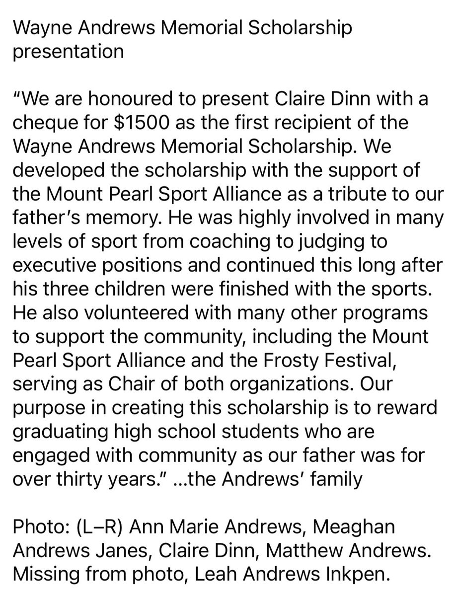 Congrats to Claire Dinn on being awarded the “Wayne Andrews Memorial Scholarship”