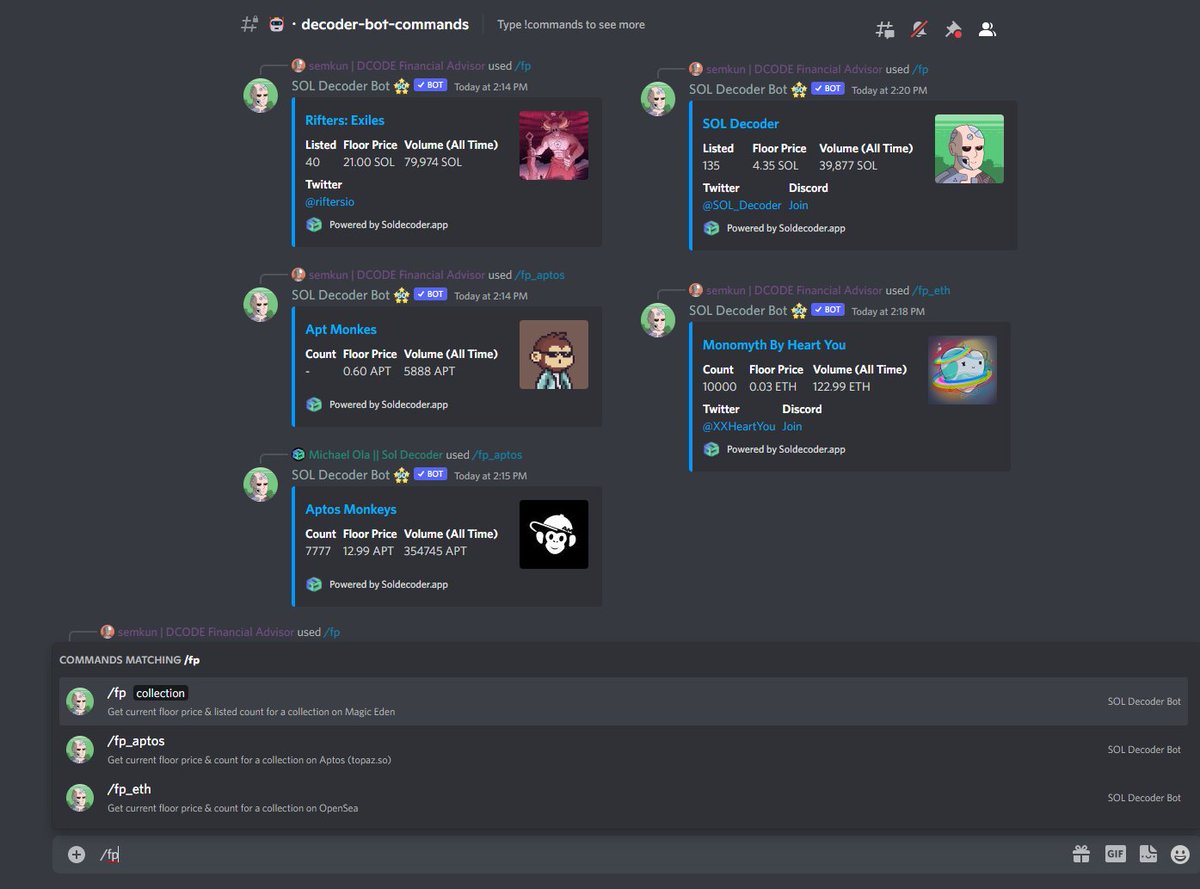 SOL_Decoder's tweet photo. Check the floor of any collection with our tool!

With our /fp command you´re able to check the fp in your discord. Try it with SOLANA, ETH, and Aptos collections!

Also available for all DAO bot holders 👀
#C3D https://t.co/fTFDp1feOm
