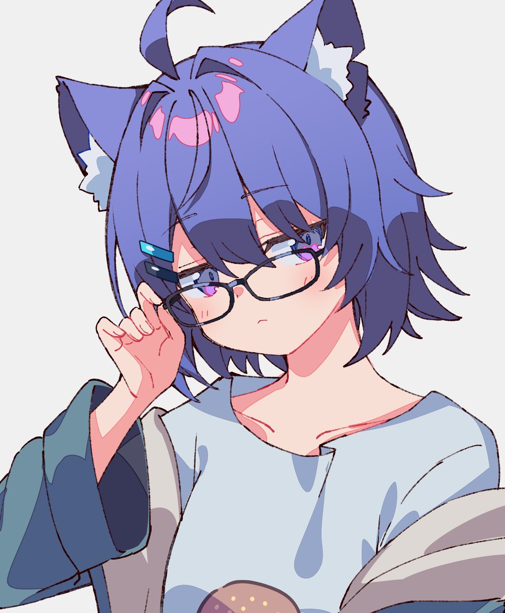 1girl animal ears glasses solo shirt ahoge animal ear fluff  illustration images