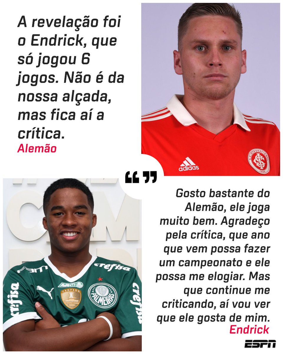 SportsCenterBR's tweet photo. Endrick falou sobre a crítica de Alemão. O que achou da resposta? 

Fotos: Divulgação/Inter e Fabio Menotti/Palmeiras https://t.co/QJG72CGFGJ