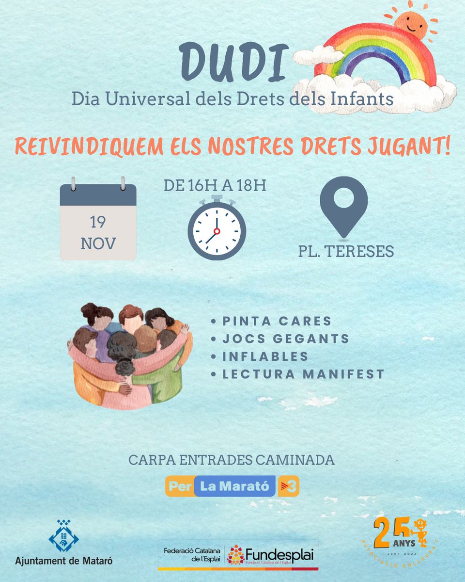 El dissabte 19 de novembre de 16h a 18h serem a la plaça de les Tereses, celebrant el DUDI (Dia Universal dels Drets dels Infants) on realitzarem diferents activitats per a reivindicar el #dretallleure (jocs, inflables, pintacares i molt més!. Esteu totes convidades🎨🎯🏰