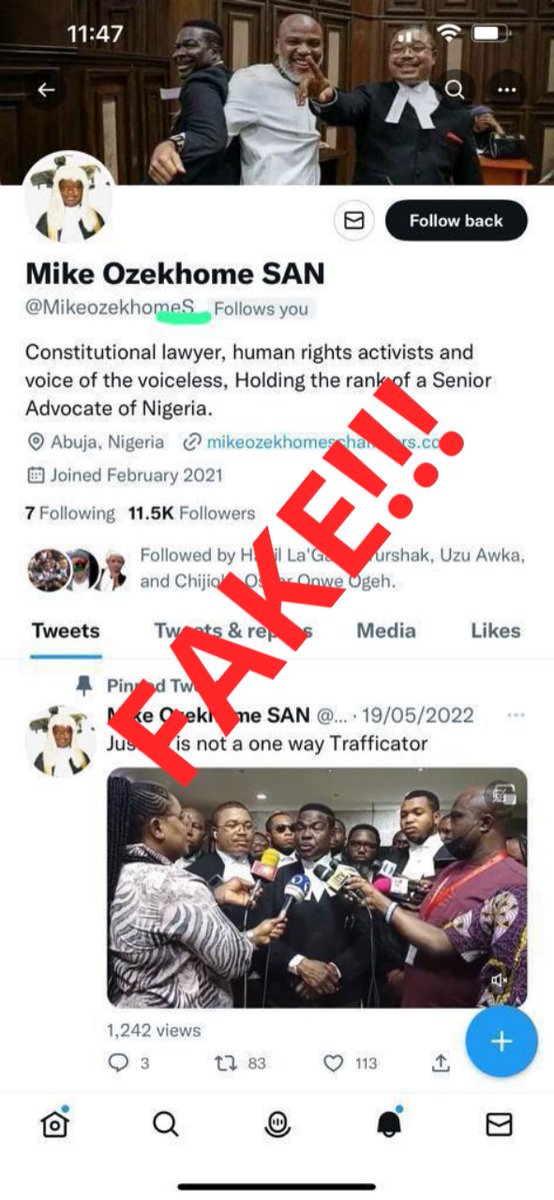 EjioforBar's tweet photo. FRAUD ALERT!!!

We have the authority and instruction of our erudite Lead Counsel- Chief Mike Ozekhome, SAN, to alert Ezigbo Umuchineke and the general public, that the account in the attached screenshot is FAKE. @TwitterSupport @Twitter https://t.co/OEJMO0o1tM