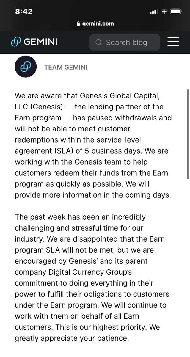 DylanLeClair's tweet photo. Gemini’s consumer facing Earn product has been caught in the crossfire of Genesis halting withdrawals. https://t.co/Otu1BvwqbX