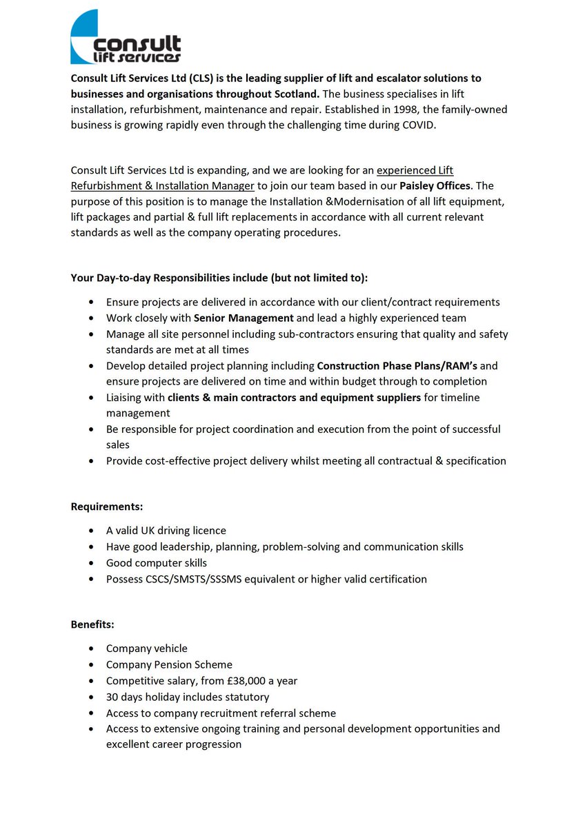 Consult Lift Services Ltd is expanding, and we are looking for an experienced Lift Refurbishment &amp; Installation Manager to join our team.

If you are interested in the position, please send your CV to Reception@consultlifts.co.uk or apply through: uk.indeed.com/cmp/Consult-Li…