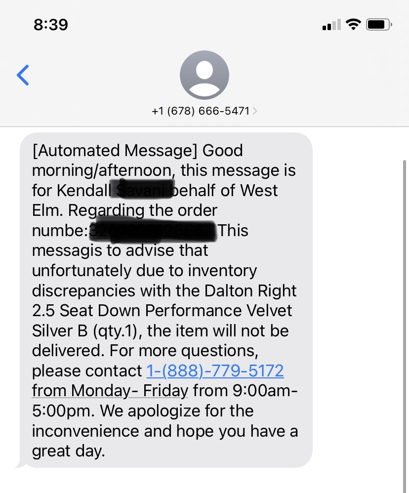 I’ve been waiting on a couch from <a href="/westelm/">west elm</a> since March. It’s November. It was finally scheduled for delivery tomorrow, and I just got this text message. I already moved out the old couch. Now there’s nowhere to sit in my living room. Thanks a lot <a href="/westelm/">west elm</a>.
