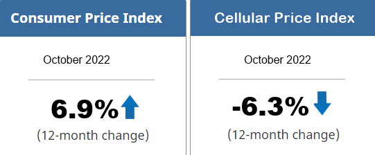 Mark_Goldberg's tweet photo. October 2022 Consumer Price Index data from @StatCan_eng 

Cellular price index down 6.3% year over year while overall price index is up 6.9% in same period https://t.co/WvgkAgkUHe