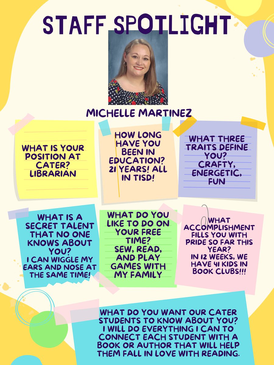 Check out our amazing librarian who is this week's staff spotlight, Mrs. Martinez!