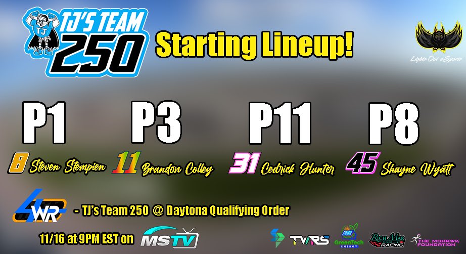 LOEiRacing's tweet photo. It’s Raceday! The @4wrRacing kicks off tonight with the TJs Team 250 from the virtual @DAYTONA!
All 4 cars roll off tonight in the Top 15, and #TeamLOE is looking to make a statement.
Tune in TONIGHT at 9PM EST on MaxSpeedTV https://t.co/zwadpmCZ9C