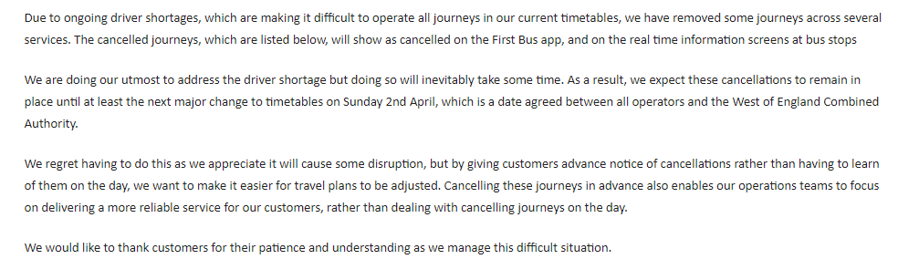 BREAKING: @FirstBSA has just announced the immediate cancellation of HUNDREDS of bus services in the Bristol region, blaming a lack of drivers. It includes over 50 services that leave Southmead Hospital.....