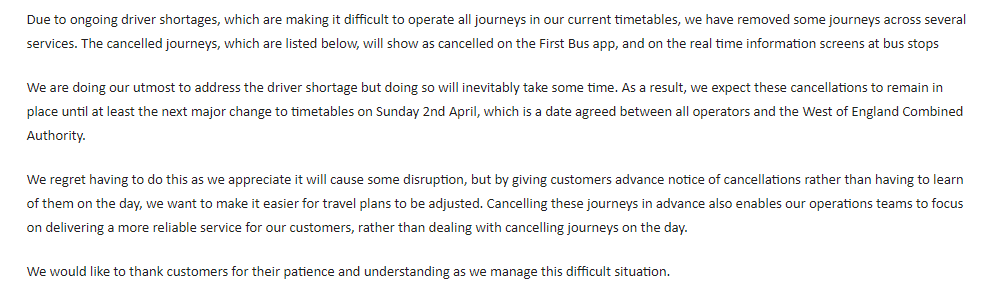 BREAKING: <a href="/FirstBSA/">First West of England</a> has just announced the immediate cancellation of HUNDREDS of bus services in the Bristol region, blaming a lack of drivers. It includes over 50 services that leave Southmead Hospital.....