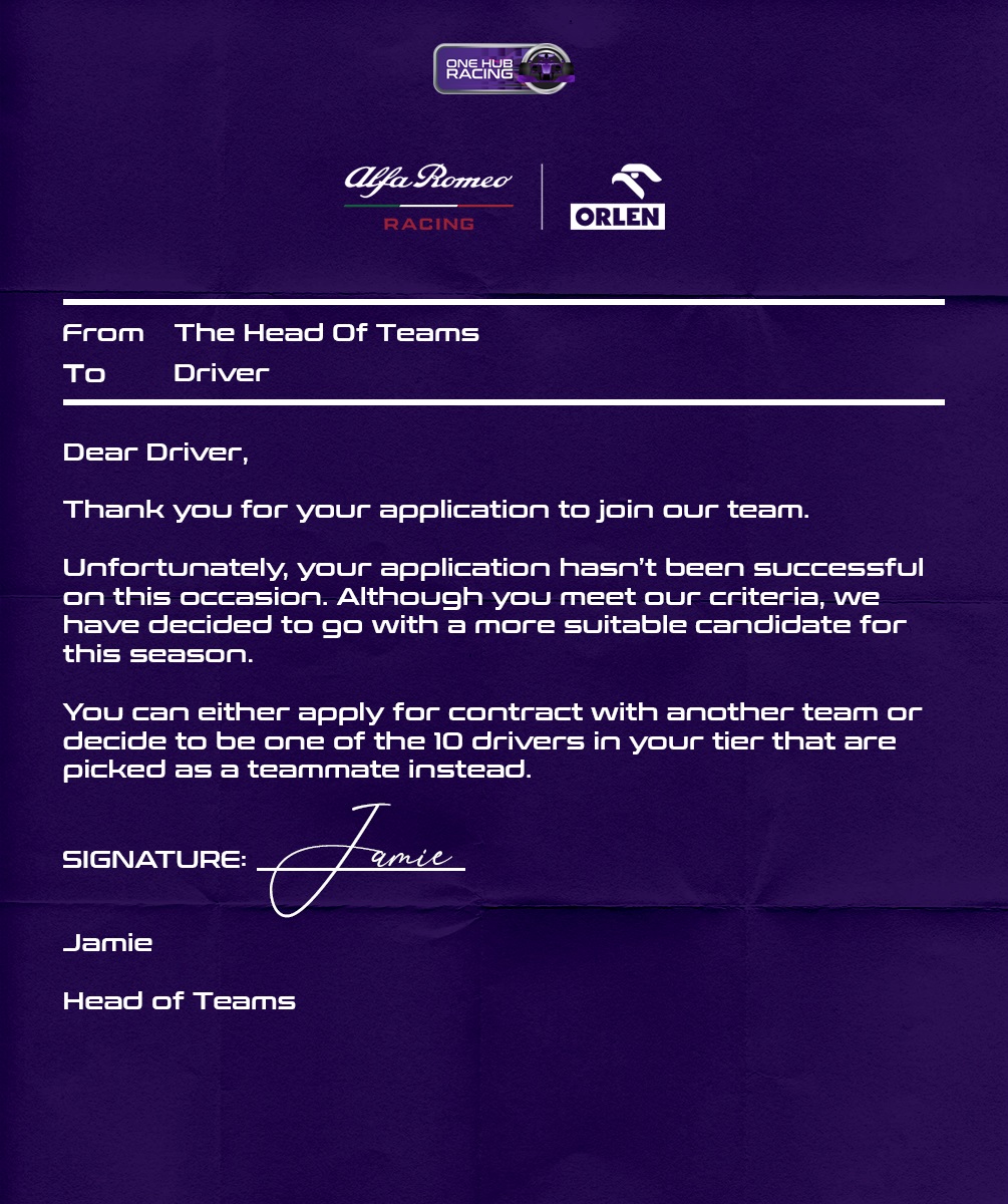 OneHubRacing's tweet photo. TEAM CONTRACTS π¬
The Replies β
β
Drivers are busy sending their Team Contracts Applications in π¨
But how will your replies from the team look?
ONE OF 3 π
#TeamContracts #Season22 https://t.co/XleGLLoZ1y