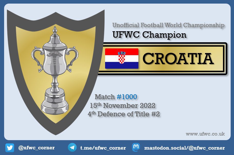 ufwc_corner's tweet photo. 🛡title defended 🛡
#Croatia 🇭🇷 defending the Unofficial Football World Championship #UFWC title in the historical #UFWC Match #1000 🎉 vs #SaudiArabia 🇸🇦!
8th win in a UFWC title match.
🏆 title #2
🛡 4th defence
8W-2D-6L
#KSACRO 0-1
____
@footcroate @CroatiaFooty @HNS_CFF https://t.co/Ah7CylGFyC