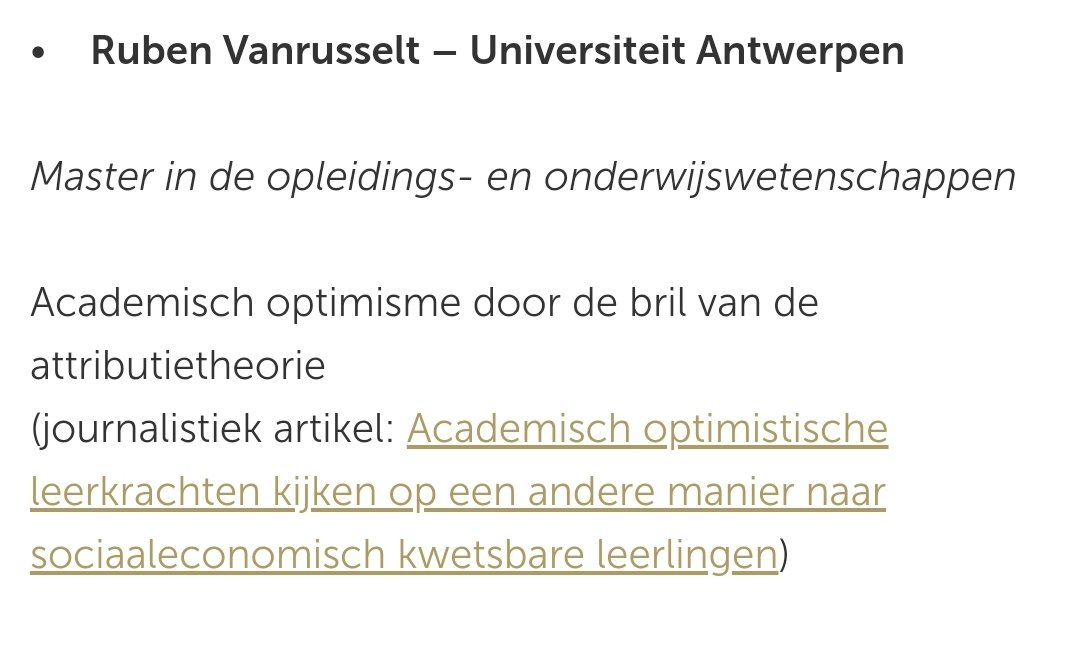 This just happened! Mijn masterproef haalt de longlist van tien masterscripties gerelateerd aan onderwijs en strijdt mee voor de Klasseprijs 2022 als onderdeel van de Vlaamse Scriptieprijs! Dank aan <a href="/vanhf_j/">Jan Vanhoof</a> &amp; @RLelieur voor de begeleiding!