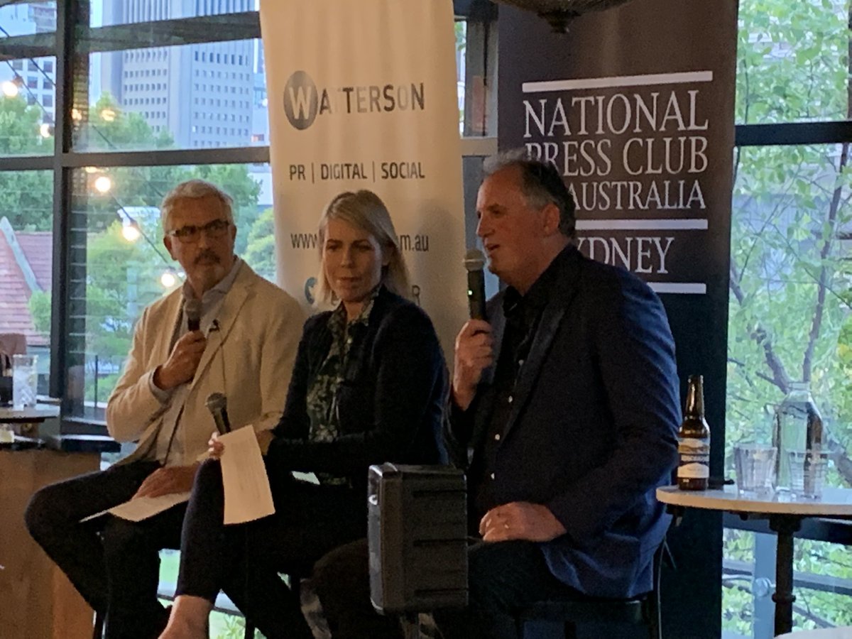 TimShawTalks's tweet photo. NOW: @chmharvey in conversation with investigator Paul Curby & Gold #Walkey winner Hedley Thomas @PressClubAust Sydney event @ The Winery #TheTeachersPet podcast #npc with #Watterson https://t.co/MxjpLvESN0