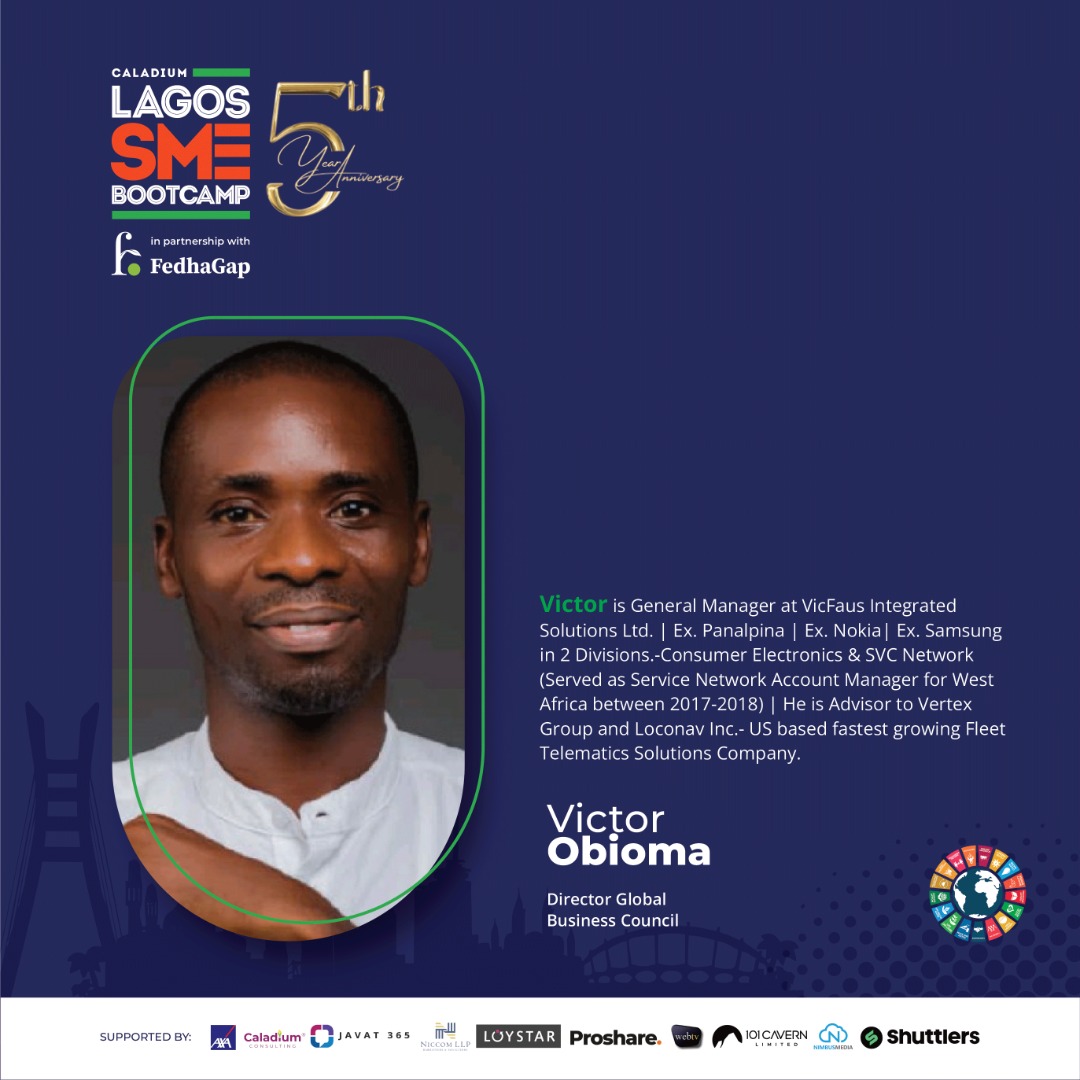 LagoSMEbootCamp's tweet photo. Meet our Speaker👏🏽👏🏽
 
Victor is the General Manager at VicFaus Integrated Solutions Ltd. He has worked with companies such as Nokia, Samsung, Panalpina,  etc.

Victor will be joining our #CLSME5thAnniversary panel to discuss his experience with SMEs. 

#LagosSMEbootcamp https://t.co/6tqPM9WOdq