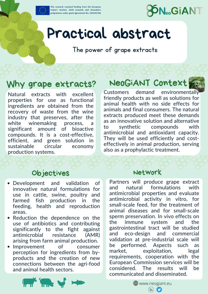 NeoGiANT_H2020's tweet image. 📃Our first practical abstract is here!!! 

🍇This is the first of a list of several practical abstracts about the #NeoGiANTproject and its main topics. 

⚠️Stay tuned and don&apos;t miss them! 

#GrapeExtract #AMR #antioxidant #circulareconomy